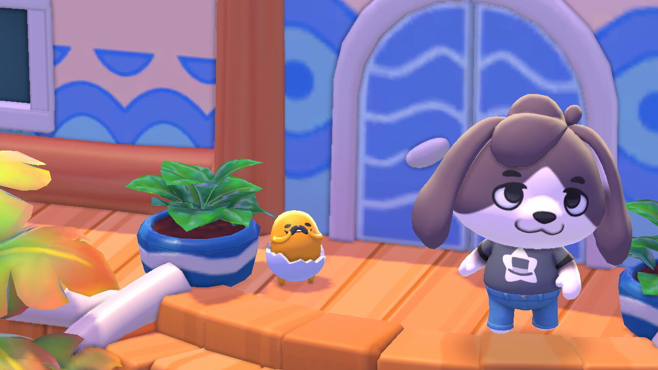 A cute dog stands in front of a house. A weird chick like creature in an egg is nearby.