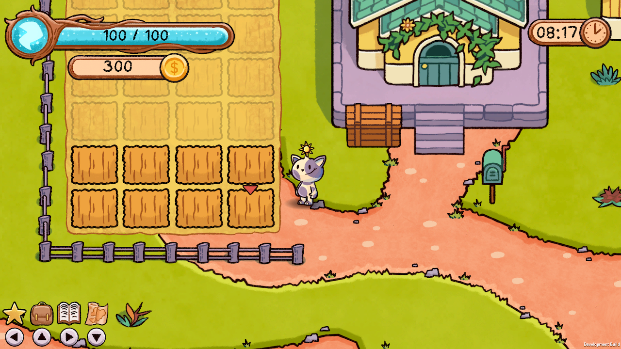 A cute cartoon cat farms next to a purple house