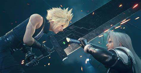 Cloud, a spikey haired guy with a big sword, fights Sephiroth, a long  silver haired guy with a big sword