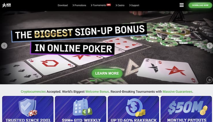 An image showing ACR Poker landing page visited on a desktop device.
