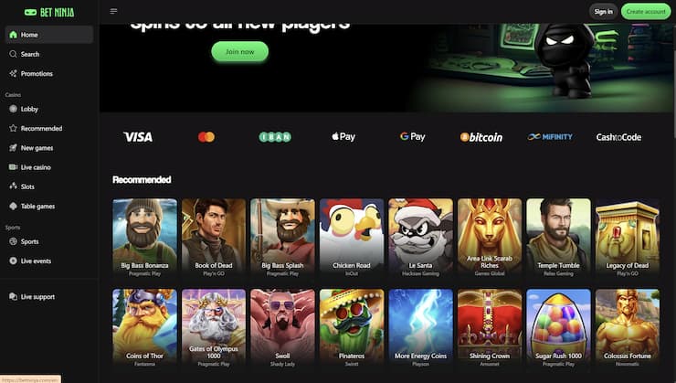 A snapshot of BetNinja and its rich game variety.