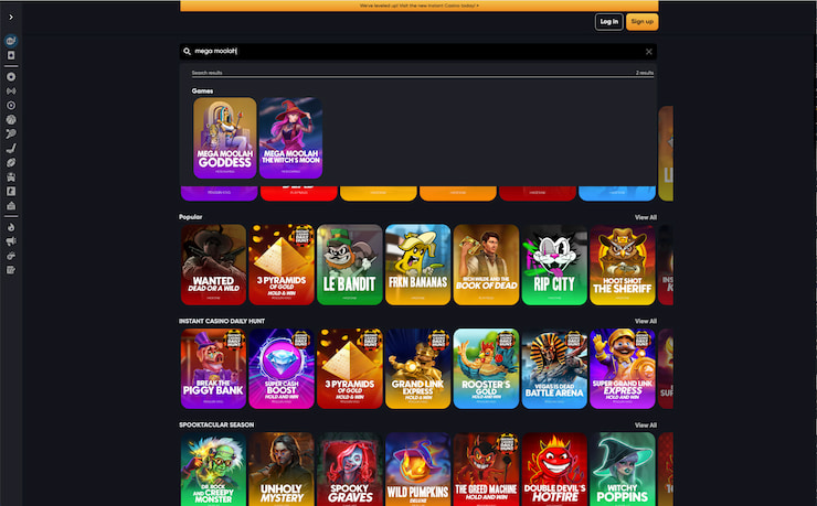 A screenshot of Mega Moolah slot variants at Instant Casino