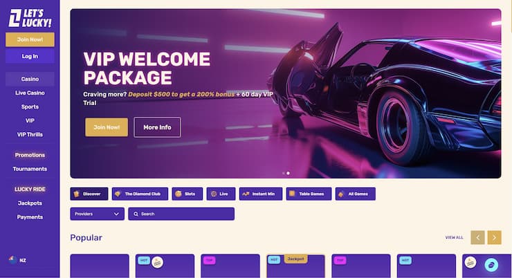 A snapshot of LetsLucky, an excellent online casino accepting Kiwi players.