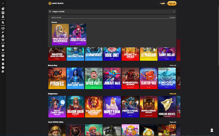 A screenshot of Mega Moolah slot variants at Lucky Block
