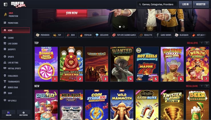 A snapshot of Mafia Casino and its impressive selection of online pokies.