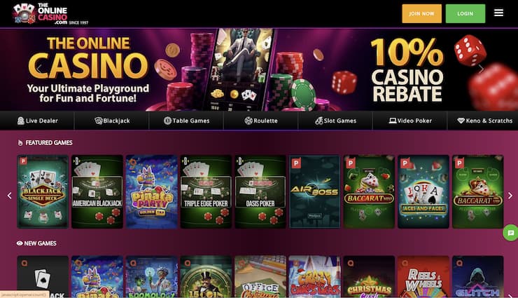 A screenshot of The Online Casino gambling site landing page on a desktop device.
