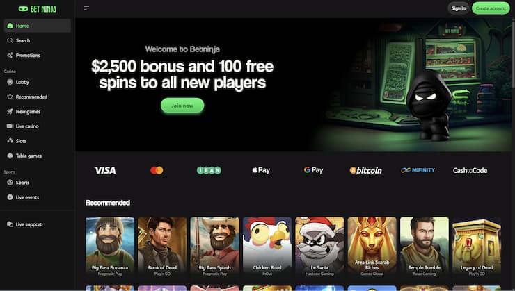A snapshot of BetNinja Casino visited on a desktop device.