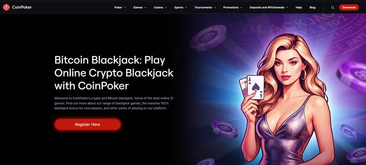 A screenshot of the blackjack casino site banner at CoinPoker