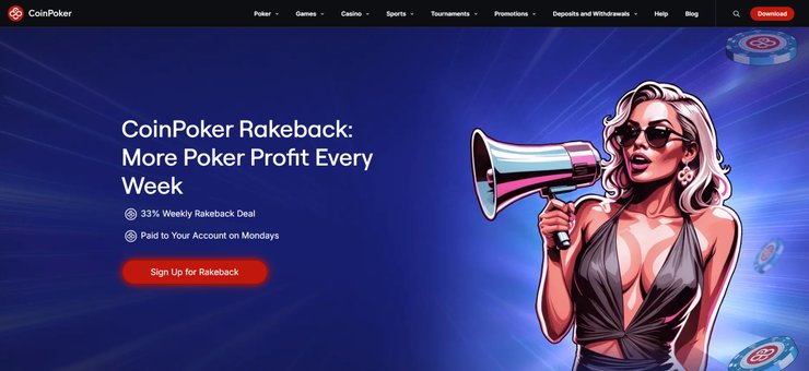 A screenshot of CoinPoker's rakeback casino bonsus banner