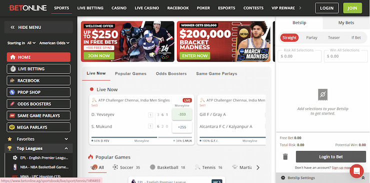 BetOnline - top New York Sportsbooks featuring a live tennis match and a welcome offer for new players.