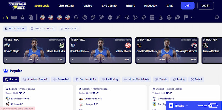 A screenshot of the homepage for VoltageBet, a top-rated Georgia betting site, featuring various sports icons, popular soccer matches, and NBA game odds.
