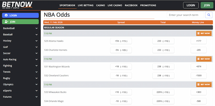 BetNow - An easy-to-navigate display of NBA betting odds on one of the most reliable New York Sportsbooks.