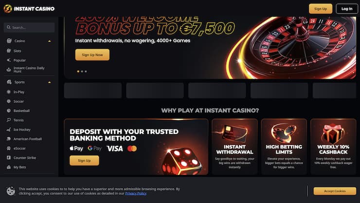 An image featuring Instant Casino visited on a desktop device.
