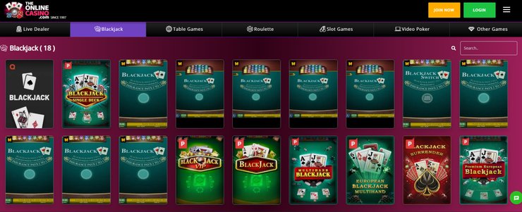 A screenshot of the online casino blackjack selection at TheOnlineCasino