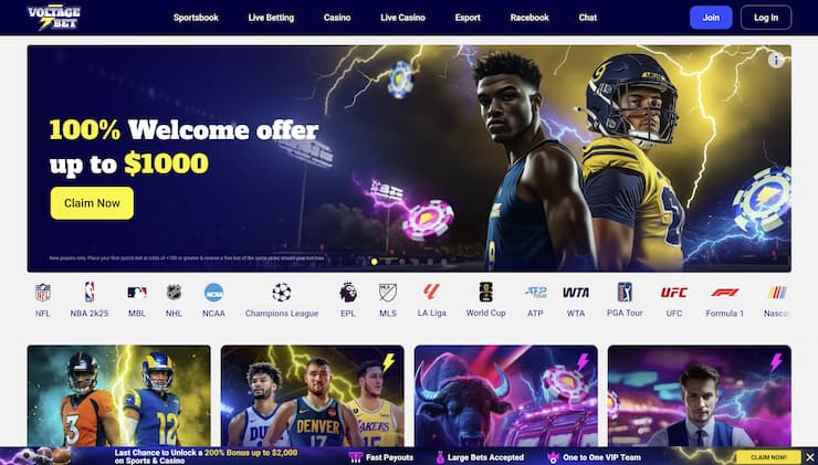 A snapshot of VoltageBet and its $1,000 sports welcome bonus.