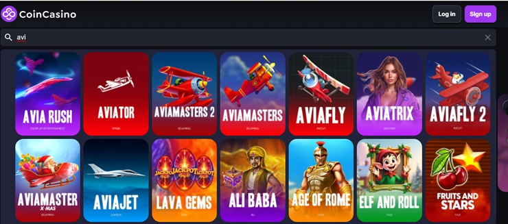 A screenshot of CoinCasino's game lobby showing Aviator games