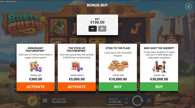 A screenshot of Rusty and Curly slot bonus features by Hacksaw Gaming