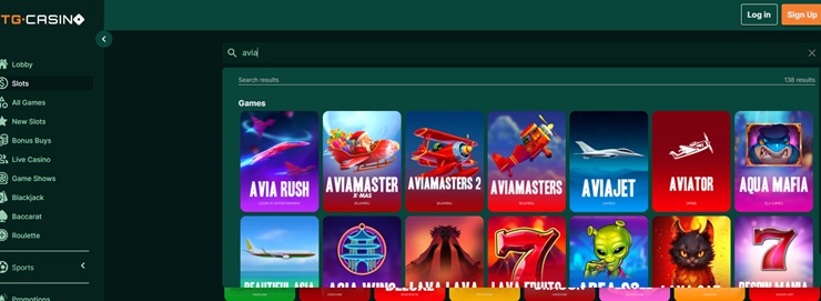 A screenshot of TG.Casino's game lobby showing Aviator games