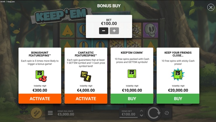 A screenshot of Keep Em slot bonus features by Hacksaw Gaming