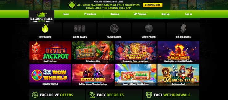 The Raging Bull casino start page.