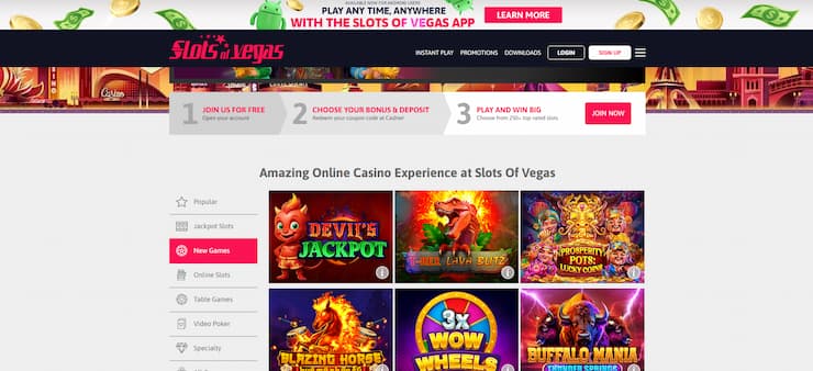Slots of Vegas displaying some of it's available games.