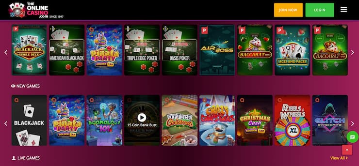 Penny slots online at TheOnlineCasino platform featuring slot and table game selection