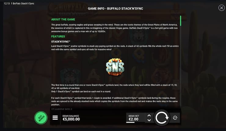 Buffalo Stack n Sync slot gameplay reels screen showing wild west symbols and stacked animal combinations