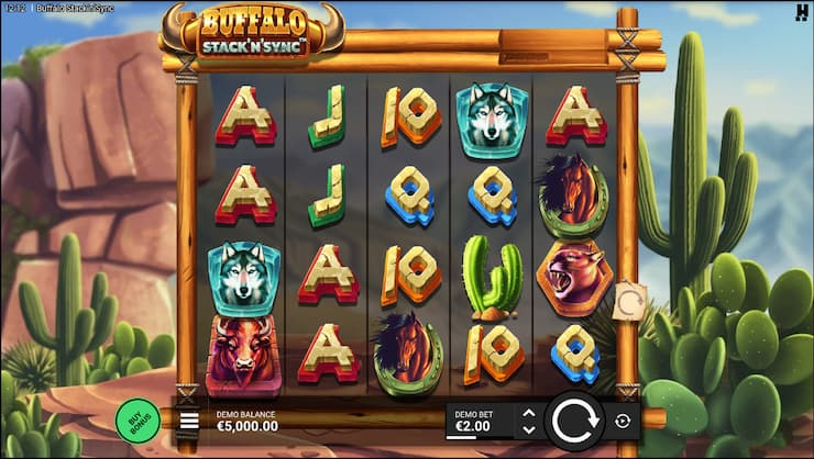 Buffalo Stack n Sync slot review game info screen showing Stack n Sync feature details and respin mechanics