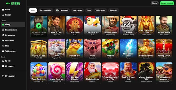Betninja Bitcoin gambling site interface with crypto casino games and sportsbook features