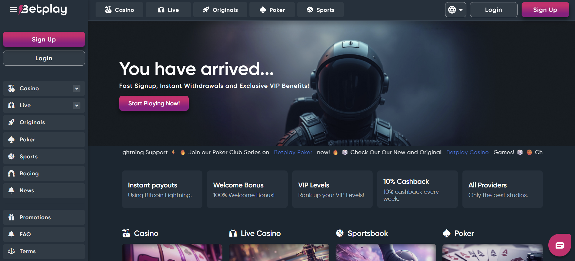 A screenshot of the Betplay casino home page