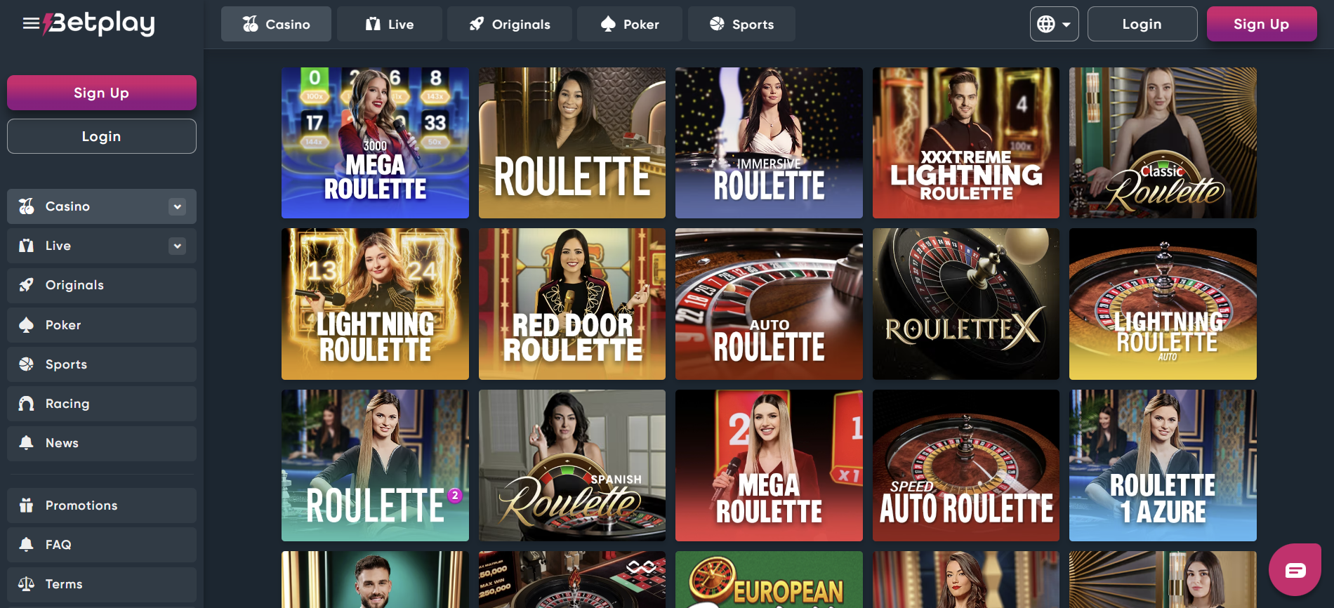 A screenshot of the Betplay roulette options