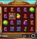 Clumsy Cowboys slot gameplay screen with 5x4 reels and wild symbols