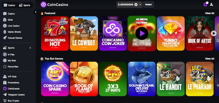 CoinCasino crypto gambling site interface showing slots and Bitcoin gambling games