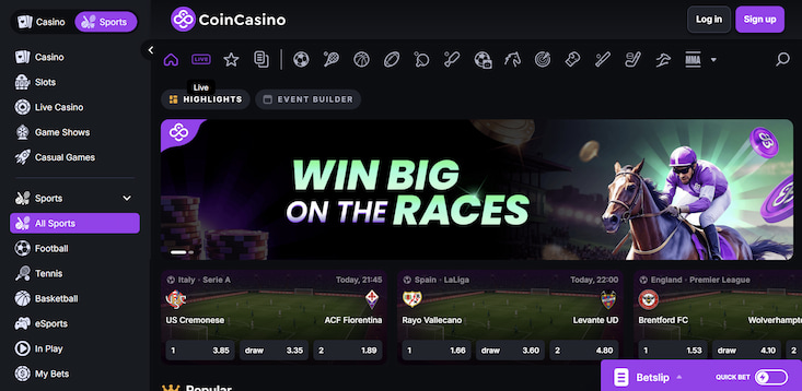 A screenshot of the CoinCasino sports betting interface displays various live match odds for soccer leagues like Serie A and LaLiga alongside a promotional banner for horse racing.