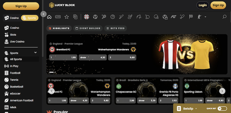 A dark-themed sportsbook interface for Lucky Block showing live soccer betting markets and odds for the Premier League and Brazilian Serie A.
