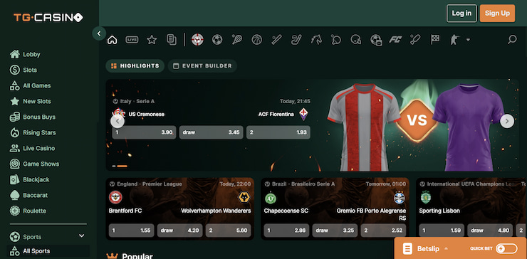 TG Casino's sportsbook interface featuring soccer betting odds for Serie A and Premier League matches with a green and orange color scheme.