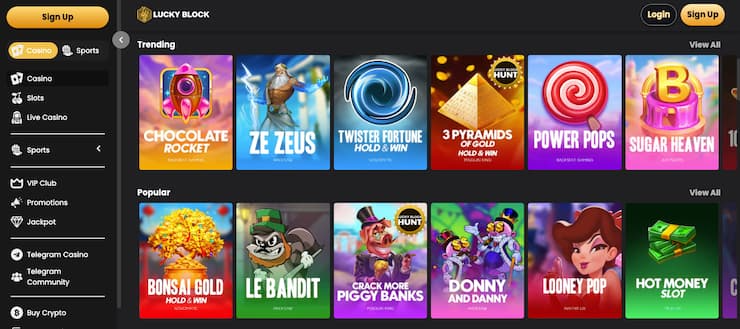 LuckyBlock crypto gambling site dashboard with trending slots and Bitcoin gambling games