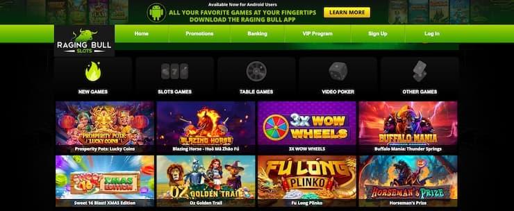 Penny slots online at Raging Bull casino showing slot game selection and interface