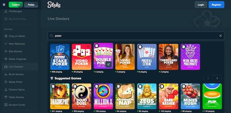 A screenshot of poker games available at Stake.us one of the best offshore poker sites
