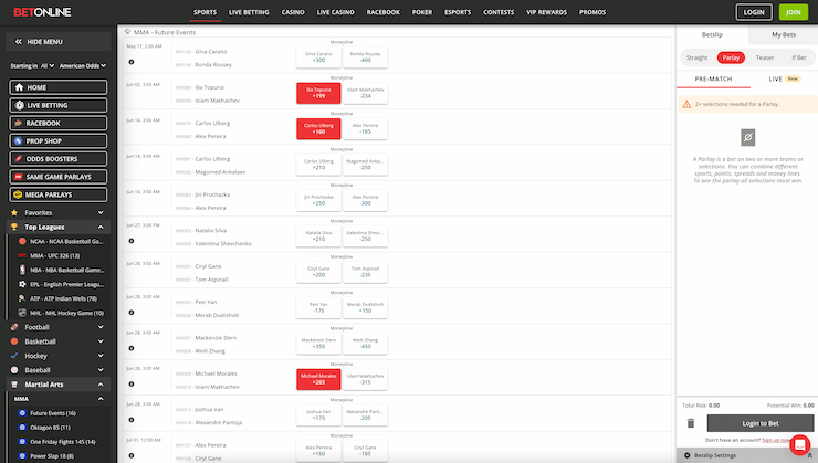 A parlay on UFC betting site: BetOnline