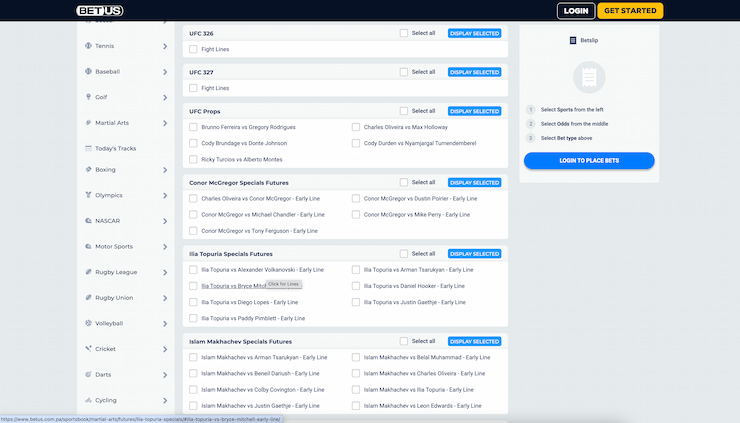 The different UFC betting markets available on BetUS