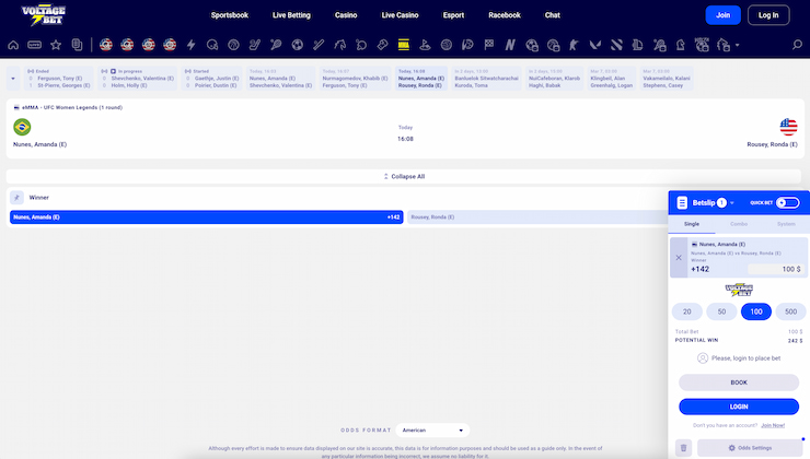 Betting on an eMMA event using VoltageBet.