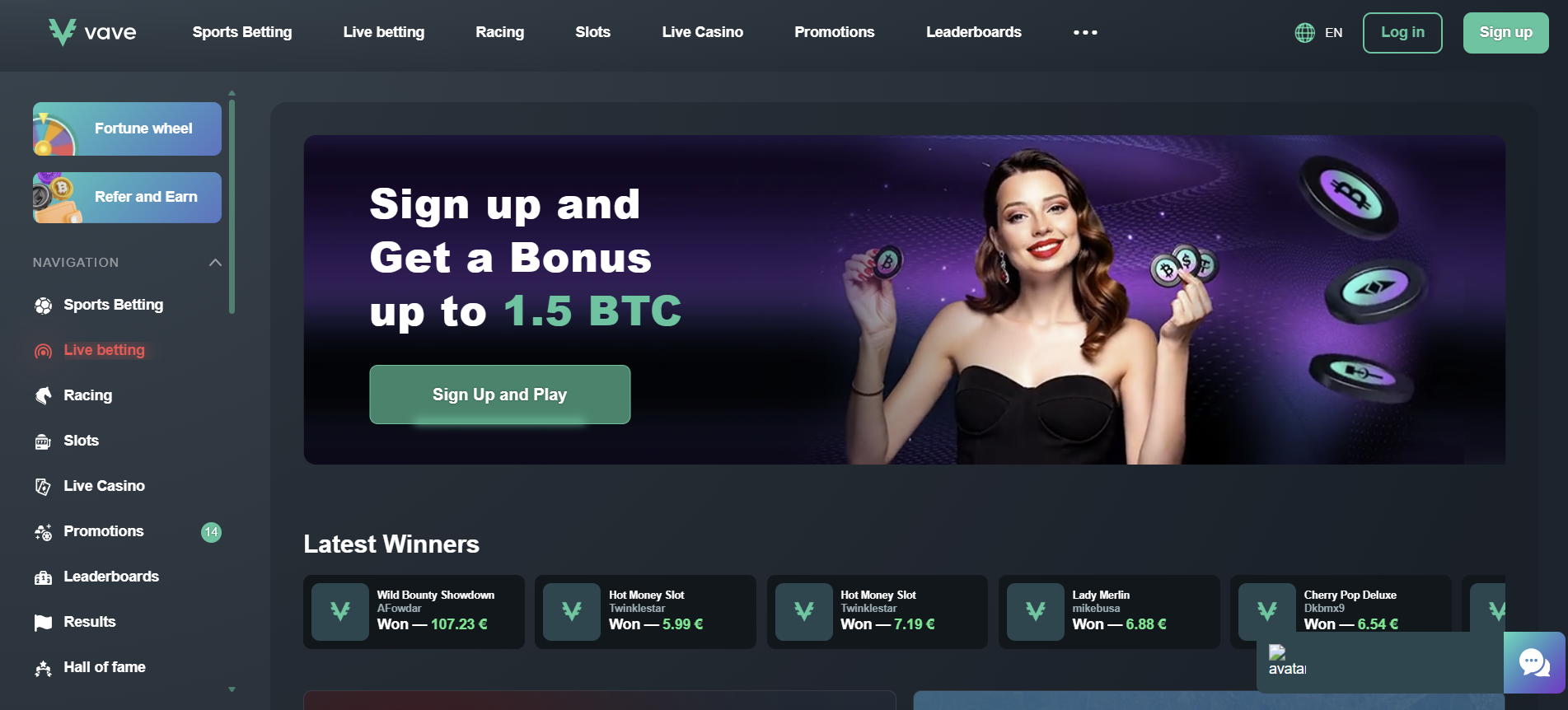 A desktop screenshot of the Vave casino homepage