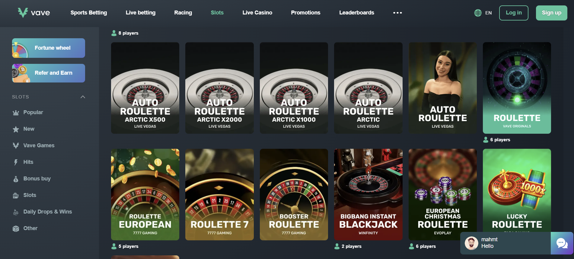 A screenshot of Vave casino's roulette offering