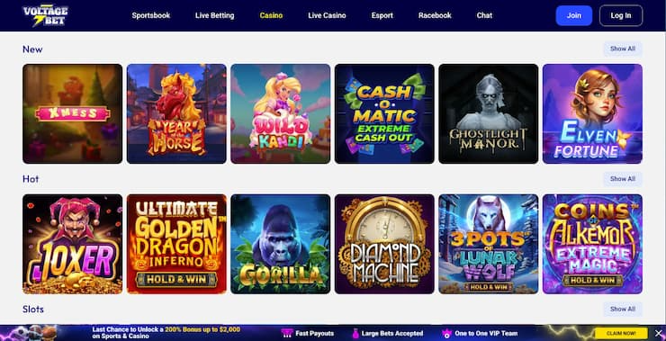 Penny slots online at VoltageBet with mobile slot games and fast gameplay layout