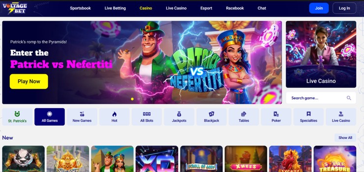 A screenshot of Voltage Bet desktop homepage a top Idaho online casino
